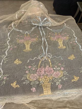 Antique French Silk Hand Embroidered Lace Curtain Veil Bed Cover 2