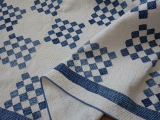 Great Antique 1880s Indigo Blue & White Checkerboard Farmhouse Quilt 87x70 Prim
