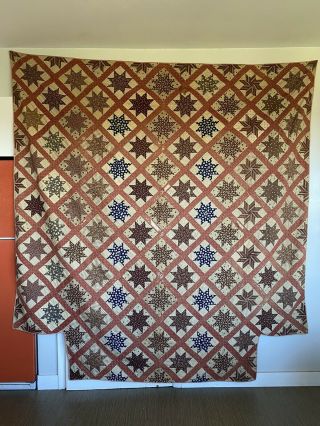Early Antique Vintage Quilt Hand Stitched Stars Calico 84” X 90” 4 - Poster Bed