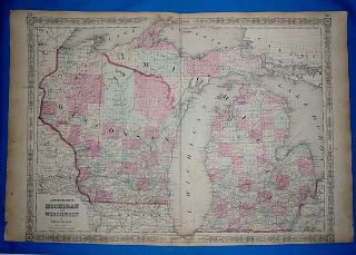 Vintage 1864 Wisconsin - Michigan Atlas Map Old Antique Johnson Atlas