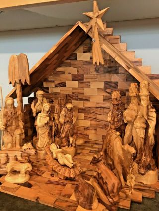 Vintage Hand Carved Wood Christmas Nativity Scene Creche Manger Set 2