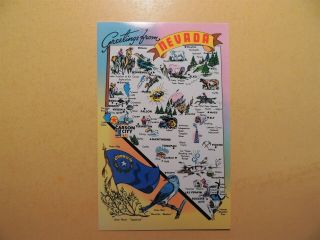 Greetings From Nevada State Map Vintage Postcard State Flag Bird Flower
