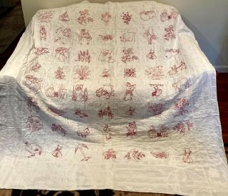 Vintage Quilt Turkey Red Embroidery Figural 66x76 In Ca 1915 - 20 Details