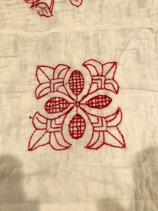 VINTAGE QUILT TURKEY RED EMBROIDERY FIGURAL 66x76 IN CA 1915 - 20 DETAILS 2