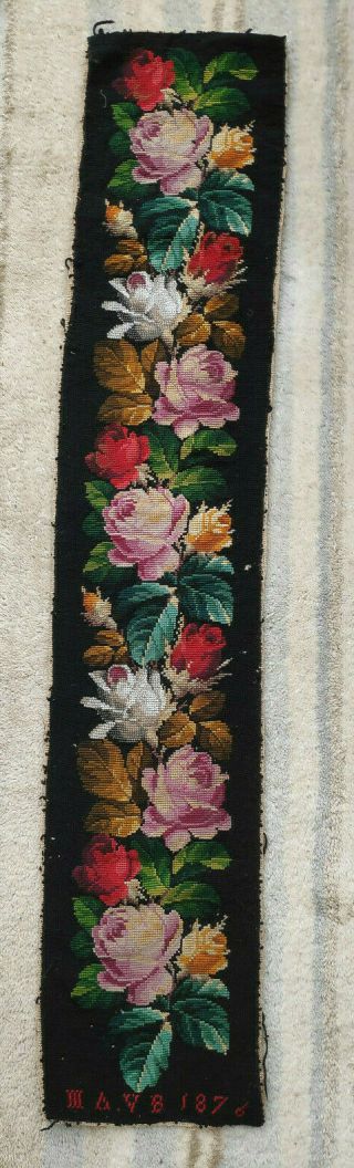 Victorian 1876 Black & Floral Roses Wool & Bead Work Tapestry Panel