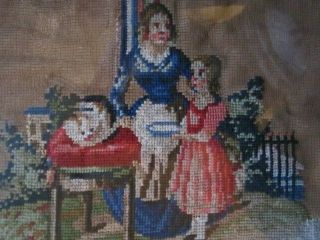 Charming 19thc Antique Needlework/tapestry Of A Mother & Daughter And Their Cat