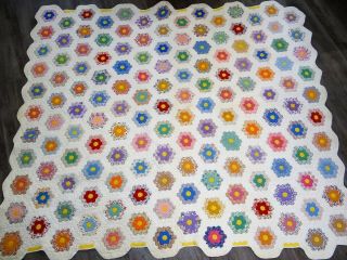 Vtg Antique Hand Stitched Quilt Grandmas Flower Garden Quilted 69 " X 78 "