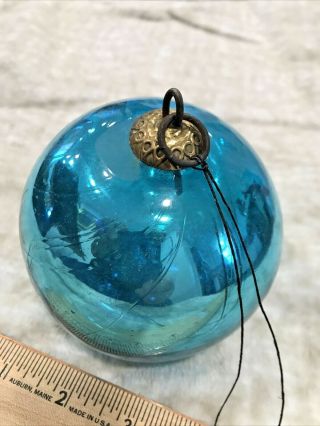 Antique German Glass Kugel Christmas Ornament Teal Mercury 4.  " Wide Vintage Old