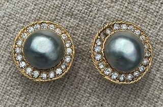 Vintage Chanel Faux Grey Pearl And Faceted Crystal Clip Earrings 1982 Model 2110