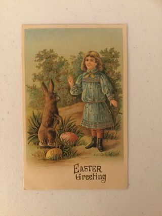 Vintage Easter Postcard,  Easter Greeting,  Boy Waving To Bunny,  Series No.  201