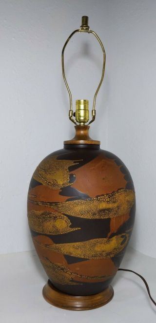 Vintage Mid Century Modern Table Lamp Earthy Orange Peel Lava Drip Glaze Pottery