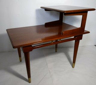 Vintage Columbia Mfg Co Mid Century Modern 2 - Tier Step End Table Wood Brass Feet
