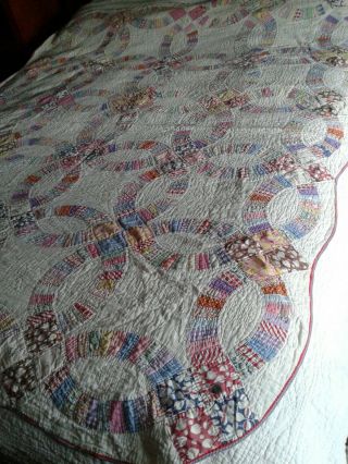 Vintage Handmade Quilt Wedding Ring 64 " X 73 " Yellow Blue Red Pink