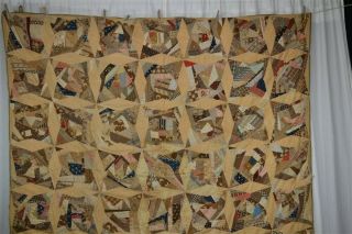 Antique Patchwork Quilt Early Brown Blue Pieced Calico Back 78x78 Tied 1850