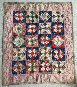 1890’s Antique Doll Postage Stamp Quilt 20 X 24” Great Old Fabric