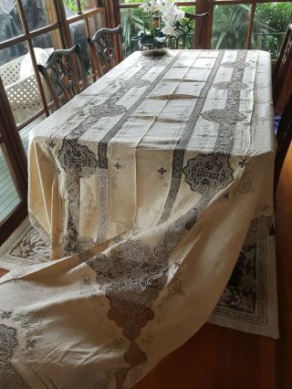 Antique Ecru Italian Point De Venise Embroidere Lace Tablecloth 340cm 12 Napkins