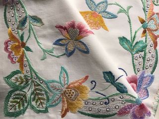 Gorgeous Vintage Hand Embroidered Tablecloth Stunning Jacobean Florals