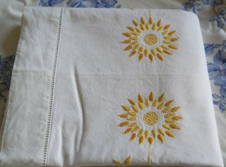 Sublime Antique French Linen Sheet Embroidered Sunflowers Metis Linen Vintage