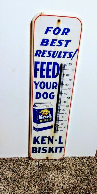 Old Vintage " Ken - L Bisket Feed Your Dog " Tin Sign Thermometer.