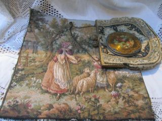Vintage French Tapestry Panel & Purse With Powder Compact Shabby Chic