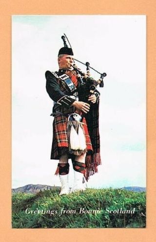 Greetings From Bonnie Scotland - Vintage Postcard Scottish Bag Piper