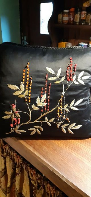Stunning Antique Embroidered Cushion Pillow Black Satin Feather Filled Victorian