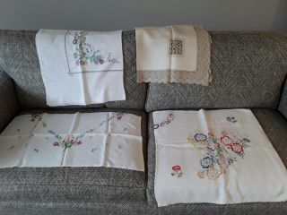 4 Vintage Hand Embroidered Linen And Cotton Tablecloths Floral