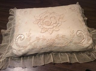 Vintage Antique Silk Pillow With French Lace Cover
