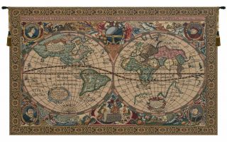Map Mercator Belgian Woven Old World Map Nautical Tapestry Wall Hanging