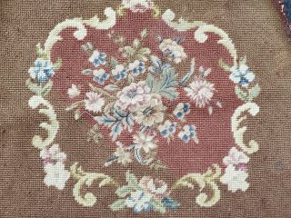 Antique Hand NEEDLEPOINT CHAIR BOTTOM COVER Petit Point Floral Flowers wool 2