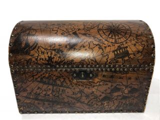 Victorian Europe French Old World Map Leather Storage Trunk Wooden Chest Vintage