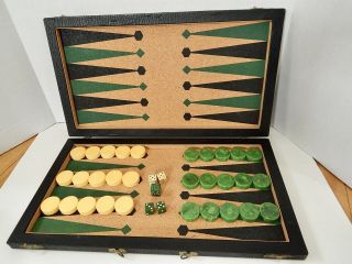 Vintage Bakelite Catalin Backgammon Set In Case Green & Yellow Swirl Checkers