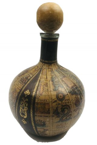 Vintage Italian Leather Wrapped Decanter Green Bottle Old Map Globe