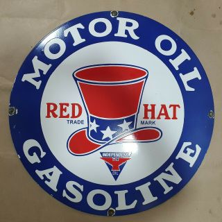 Red Hat Motor Oil Gasoline Vintage Porcelain Sign 30 Inches Round