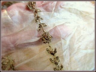 Rare Delicate Antique Edwardian French Hdmd Gilted Gold Metal Tiny Flower Trim