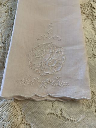 Antique Vtg Floral Appenzell Madeira Embroidery Lace Linen Pink Hand Towel