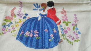 Stunning Vintage Hand Embroidered Linen Panel Crinoline Lady & Gentleman 21 " X14 "