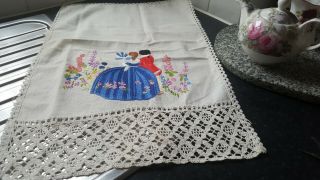 Stunning vintage hand embroidered linen panel crinoline lady & gentleman 21 