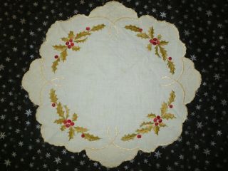 Antique Christmas Society Silk Doily Victorian Hand Embroidery Holly & Ivy
