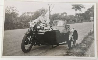 Vintage Photo: Young Woman On A Ariel Motor Bike With Side Car In The 1930s