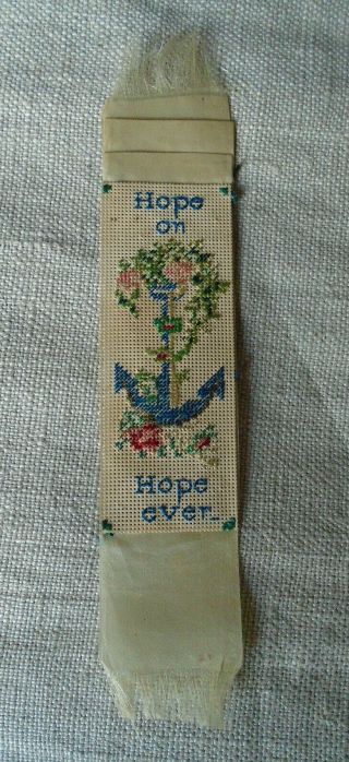 Antique Punched Paper Needlepoint Embroidered Hope On Hope Ever Bookmark Anchor