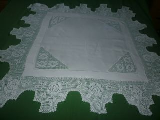 Small Vintage Hand Made Linen And Lace Tablecloth