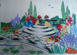 Hand Embroidered Picture Panel English Cottage Garden Flowers & Landscape