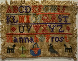 Small Late 19th Century Motif & Alphabet Sampler By Hannah Frost - C.  1880
