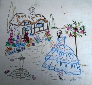 Hand Embroidered Crinoline Lady,  Cottage,  Roses & Flowers Picture Panel