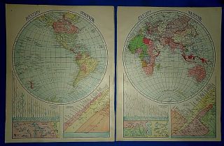 Vintage 1929 East West World Hemispheres Map Old & Authentic Atlas Maps