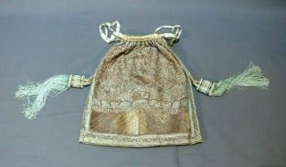 Antique Chinese Metallic Thread Embroidered Silk Drawstring Cloth Bag W/tassels