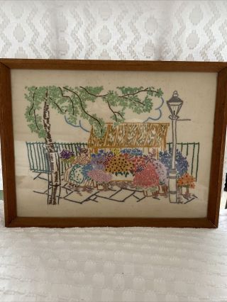Vintage Hand Embroidered Picture Framed - Cottage Garden Flower Seller