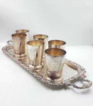Vintage Quality Mappin & Webb Silver Plate On Copper Tray & 6 Large Tumblers