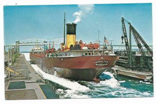 Vintage Michigan Chrome Postcard Soo Locks Sault St Marie Steelton Carrier Ore